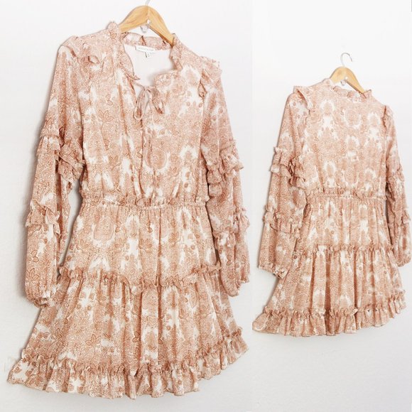 Moon River Women's M Paisley Print Tan Beige Tiered Ruffle Boho Mini Dress $118 - Picture 1 of 16